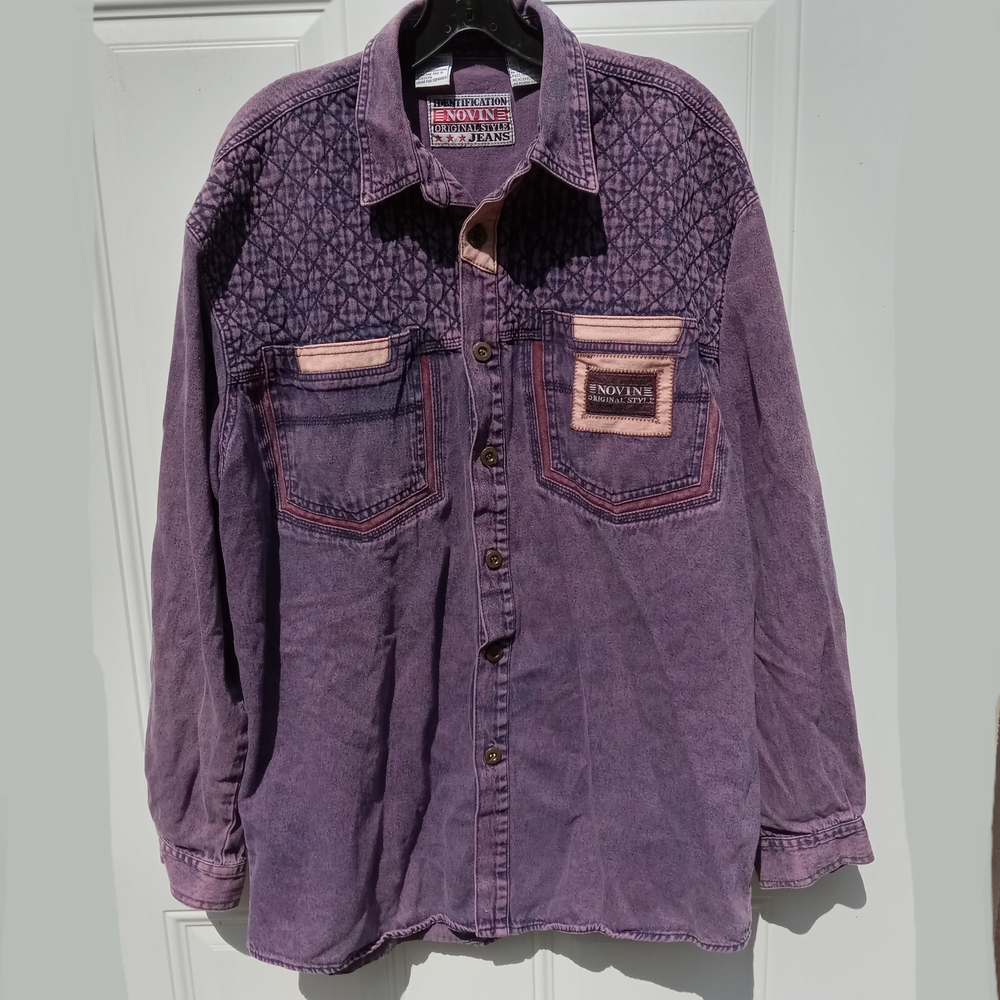 Vintage Novin Denim Purple Quilted Cotton Men's Button Up Size Medium